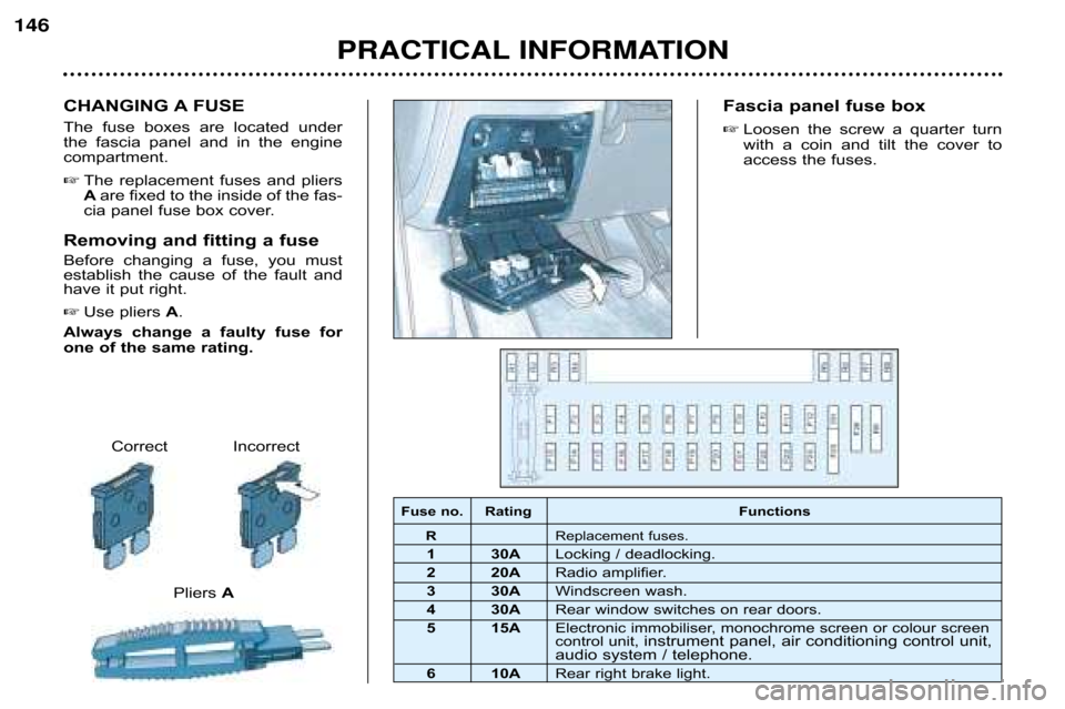 Peugeot 607 Dag 2002  Owners Manual Fuse no. Rating FunctionsR Replacement fuses.
1 30A Locking / deadlocking.
2 20A Radio amplifier.
3 30A Windscreen wash.
4 30A Rear window switches on rear doors.
5 15A Electronic immobiliser, monochr