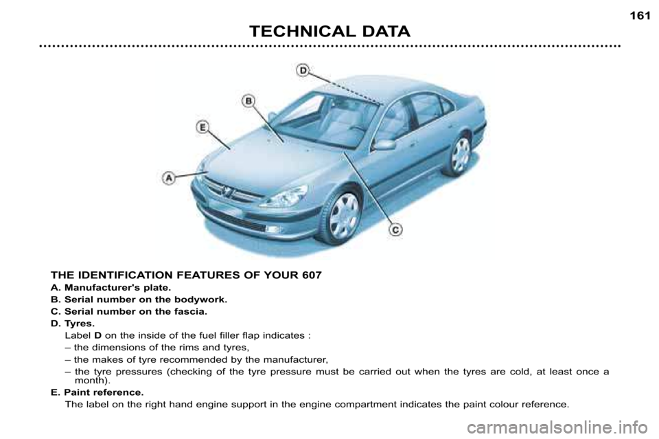 Peugeot 607 Dag 2002 Repair Manual 161
TECHNICAL DATA
THE IDENTIFICATION FEATURES OF YOUR 607 
A. Manufacturers plate.
B. Serial number on the bodywork.
C. Serial number on the fascia.
D. Tyres. Label  Don the inside of the fuel fille