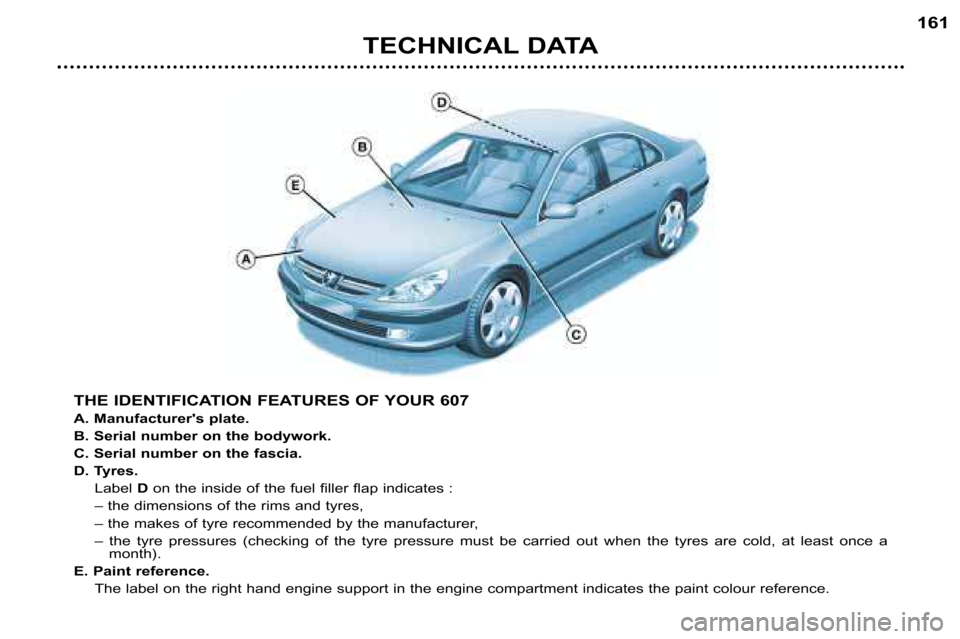 Peugeot 607 Dag 2002  Owners Manual 161
TECHNICAL DATA
THE IDENTIFICATION FEATURES OF YOUR 607 
A. Manufacturers plate.
B. Serial number on the bodywork.
C. Serial number on the fascia.
D. Tyres. Label  Don the inside of the fuel fille
