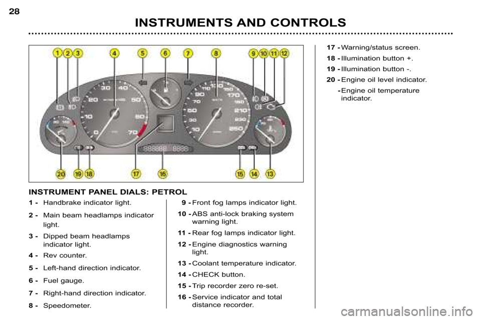 Peugeot 607 Dag 2002 Owners Guide INSTRUMENTS AND CONTROLS
28
1 �Handbrake indicator light.
2 � Main beam headlamps indicator 
light.
3 �  Dipped beam headlamps  
indicator light.
4 � Rev counter.
5 � Left�hand direction indicator.
6 