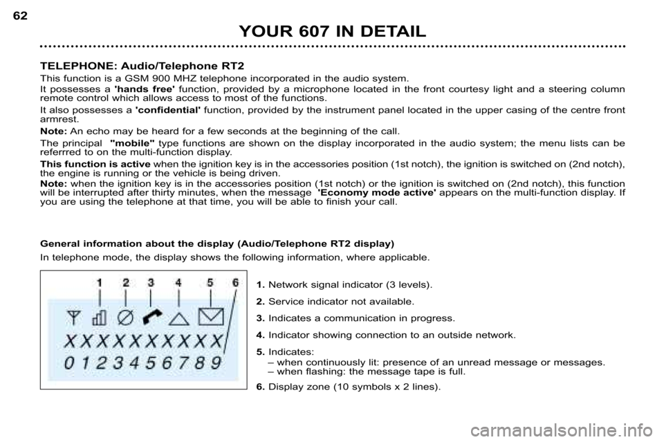 Peugeot 607 Dag 2002 Owners Guide TELEPHONE: Audio/Telephone RT2  
This function is a GSM 900 MHZ telephone incorporated in the audio system.
It  possesses  a  hands  freefunction,  provided  by  a  microphone  located  in  the  fro