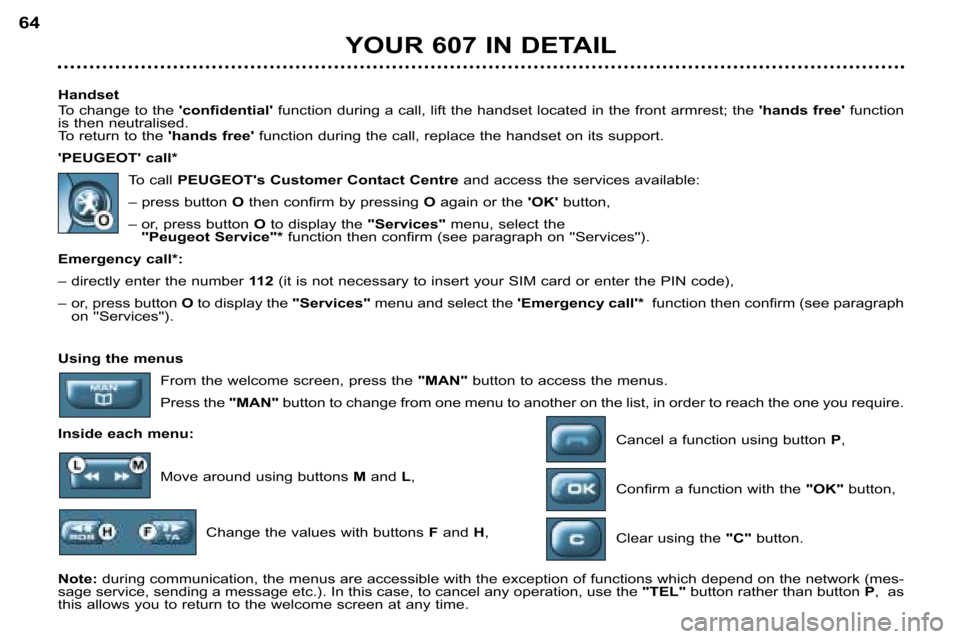Peugeot 607 Dag 2002 Repair Manual Using the menusFrom the welcome screen, press the "MAN" button to access the menus.
Press the "MAN" button to change from one menu to another on the list, in order to reach the one you require.
Ins Peugeot 607 Dag 2002 Repair Manual Using the menusFrom the welcome screen, press the "MAN" button to access the menus.
Press the "MAN" button to change from one menu to another on the list, in order to reach the one you require.
Ins