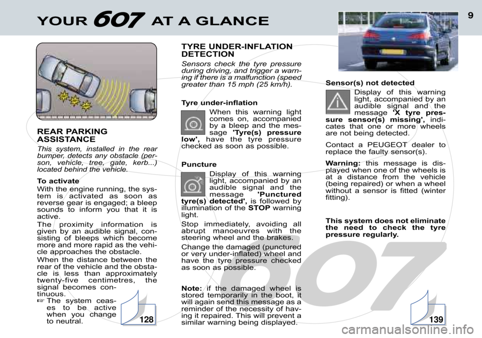 Peugeot 607 Dag 2002  Owners Manual YOUR  AT A GLANCE9
REAR PARKING  
ASSISTANCE 
This  system,  installed  in  the  rear 
bumper,  detects  any  obstacle  (per�
son,  vehicle,  tree,  gate,  kerb...)
located behind the vehicle.
To acti