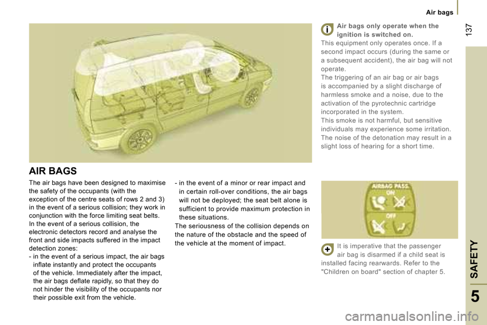 Peugeot 807 Dag 2007.5  Owners Manual �A�i�r� �b�a�g�s
�S�A�F�E�T�Y�1�3�7
�5
�T�h�e� �a�i�r� �b�a�g�s� �h�a�v�e� �b�e�e�n� �d�e�s�i�g�n�e�d� �t�o� �m�a�x�i�m�i�s�e�  
�t�h�e� �s�a�f�e�t�y� �o�f� �t�h�e� �o�c�c�u�p�a�n�t�s� �(�w�i�t�h� �t�