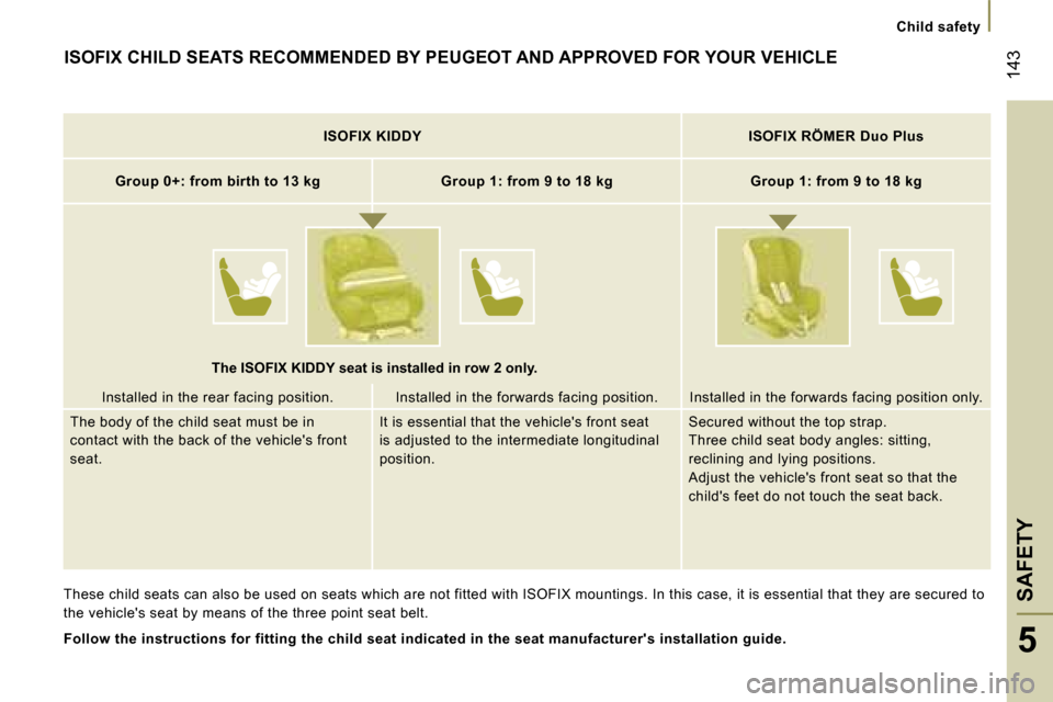Peugeot 807 Dag 2007.5  Owners Manual �C�h�i�l�d� �s�a�f�e�t�y
�S�A�F�E�T�Y
�1�4�3
�5
�I�S�O�F�I�X� �C�H�I�L�D� �S�E�A�T�S� �R�E�C�O�M�M�E�N�D�E�D� �B�Y� �P�E�U�G�E�O�T� �A�N�D� �A�P�P�R�O�V�E�D� �F�O�R� �Y�O�U�R� �V�E�H�I�C�L�E
�T�h�e�s�