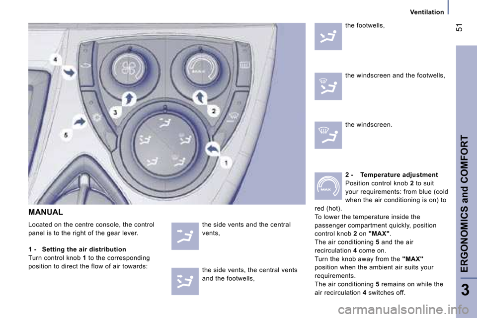 Peugeot 807 Dag 2007.5 Service Manual �E�R�G�O�N�O�M�I�C�S� �a�n�d� �C�O�M�F�O�R�T�5�1
�3
�t�h�e� �s�i�d�e� �v�e�n�t�s� �a�n�d� �t�h�e� �c�e�n�t�r�a�l�  
�v�e�n�t�s�,
�M�A�N�U�A�L 
�L�o�c�a�t�e�d� �o�n� �t�h�e� �c�e�n�t�r�e� �c�o�n�s�o�l�