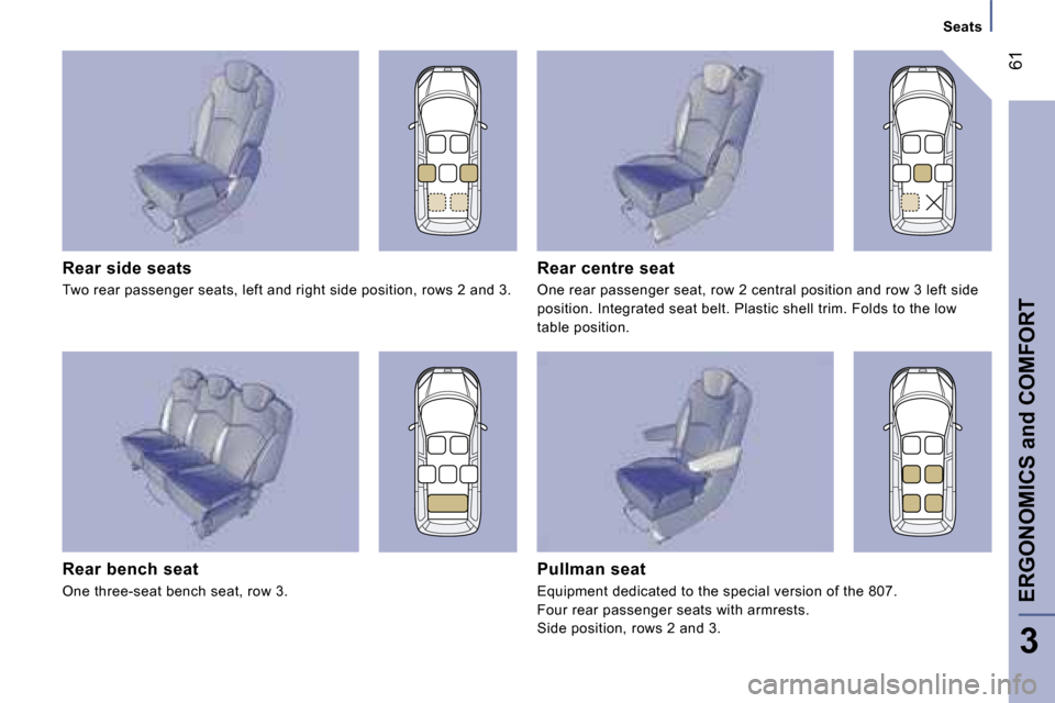 Peugeot 807 Dag 2007.5 Repair Manual �E�R�G�O�N�O�M�I�C�S� �a�n�d� �C�O�M�F�O�R�T�6�1
�3
�R�e�a�r� �s�i�d�e� �s�e�a�t�s 
�T�w�o� �r�e�a�r� �p�a�s�s�e�n�g�e�r� �s�e�a�t�s�,� �l�e�f�t� �a�n�d� �r�i�g�h�t� �s�i�d�e� �p�o�s�i�t
�i�o�n�,� �r�