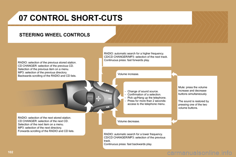 Peugeot 807 Dag 2007  Owners Manual �1�0�2
�R�A�D�I�O�:� �s�e�l�e�c�t�i�o�n� �o�f� �t�h�e� �p�r�e�v�i�o�u�s� �s�t�o�r�e�d� �s�t�a�t�i�o�n�. 
�C�D� �C�H�A�N�G�E�R�:� �s�e�l�e�c�t�i�o�n� �o�f� �t�h�e� �p�r�e�v�i�o�u�s� �C�D�.
�S�e�l�e�c�t