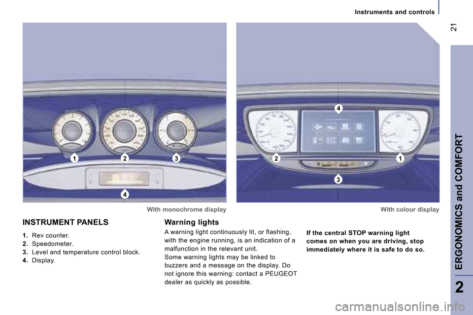 Peugeot 807 Dag 2007 User Guide �1�2�3
�4
�2�1
�3
�4�I�n�s�t�r�u�m�e�n�t�s� �a�n�d� �c�o�n�t�r�o�l�s
�W�a�r�n�i�n�g� �l�i�g�h�t�s 
�A� �w�a�r�n�i�n�g� �l�i�g�h�t� �c�o�n�t�i�n�u�o�u�s�l�y� �l�i�t�,� �o�r� �f�l�a�s�h�i�n�g�,�  
�w�i�