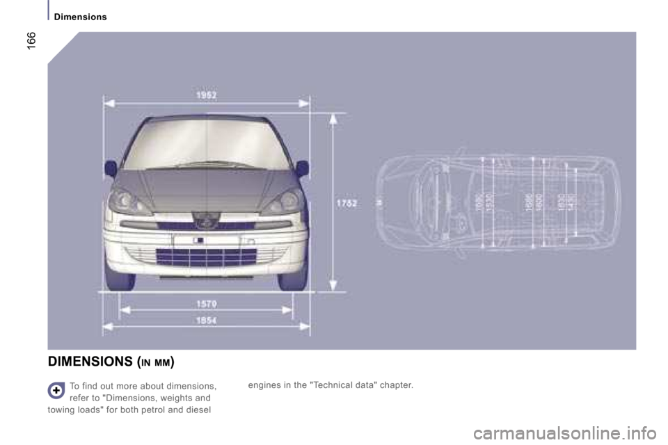 Peugeot 807 Dag 2007  Owners Manual �D�i�m�e�n�s�i�o�n�s
�1�6�6
�D�I�M�E�N�S�I�O�N�S� �(�I�N� �M�M �)� 
�T�o� �f�i�n�d� �o�u�t� �m�o�r�e� �a�b�o�u�t� �d�i�m�e�n�s�i�o�n�s�,�  
�r�e�f�e�r� �t�o� �"�D�i�m�e�n�s�i�o�n�s�,� �w�e�i�g�h�t�s� 