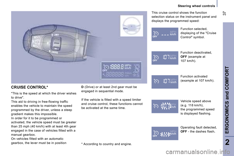 Peugeot 807 Dag 2007 Owners Guide �S�t�e�e�r�i�n�g� �w�h�e�e�l� �c�o�n�t�r�o�l�s
�C�R�U�I�S�E� �C�O�N�T�R�O�L�* 
�"�T�h�i�s� �i�s� �t�h�e� �s�p�e�e�d� �a�t� �w�h�i�c�h� �t�h�e� �d�r�i�v�e�r� �w�i�s�h�e�s�  
�t�o� �d�r�i�v�e�"�.
�T�h�i