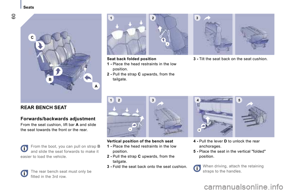 Peugeot 807 Dag 2007 Repair Manual �1 �2 �3
�1 �2 �3 �4
�A
�C
�B
�D
�5
�c
�c
�S�e�a�t�s
�R�E�A�R� �B�E�N�C�H� �S�E�A�T
�F�o�r�w�a�r�d�s�/�b�a�c�k�w�a�r�d�s� �a�d�j�u�s�t�m�e�n�t
�F�r�o�m� �t�h�e� �s�e�a�t� �c�u�s�h�i�o�n�,� �l�i�f�t� �