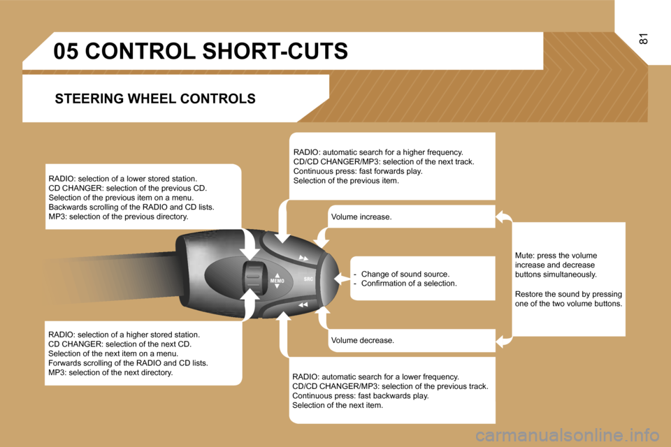 Peugeot 807 Dag 2007 Manual Online �8�1
�R�A�D�I�O�:� �s�e�l�e�c�t�i�o�n� �o�f� �a� �h�i�g�h�e�r� �s�t�o�r�e�d� �s�t�a�t�i�o�n�. 
�C�D� �C�H�A�N�G�E�R�:� �s�e�l�e�c�t�i�o�n� �o�f� �t�h�e� �n�e�x�t� �C�D�.
�S�e�l�e�c�t�i�o�n� �o�f� �t�h