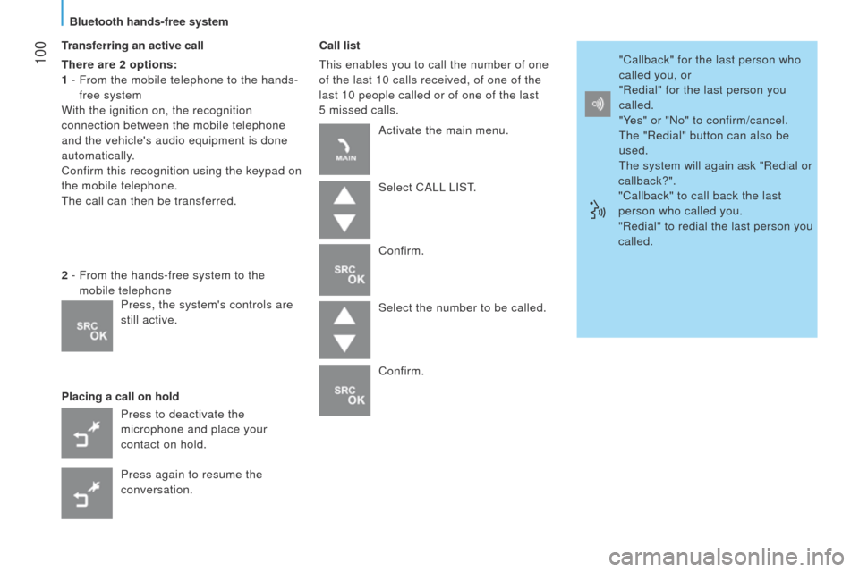 Peugeot Bipper 2015 User Guide  100
Bipper_en_Chap05_technologie_ed02-2014
Transferring an active call
There are 2 options:
1 - 
 
From the mobile telephone to the hands-
free system
With the ignition on, the recognition

 
connect