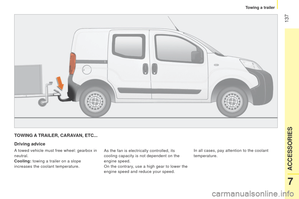 Peugeot Bipper 2015  Owners Manual  137
Bipper_en_Chap07_accessoire_ed02-2014
TOWING A TRAILER, CARAVAN, ETC...
Driving advice
As the fan is electrically controlled, its 
cooling capacity is not dependent on the 
engine speed.
On the c