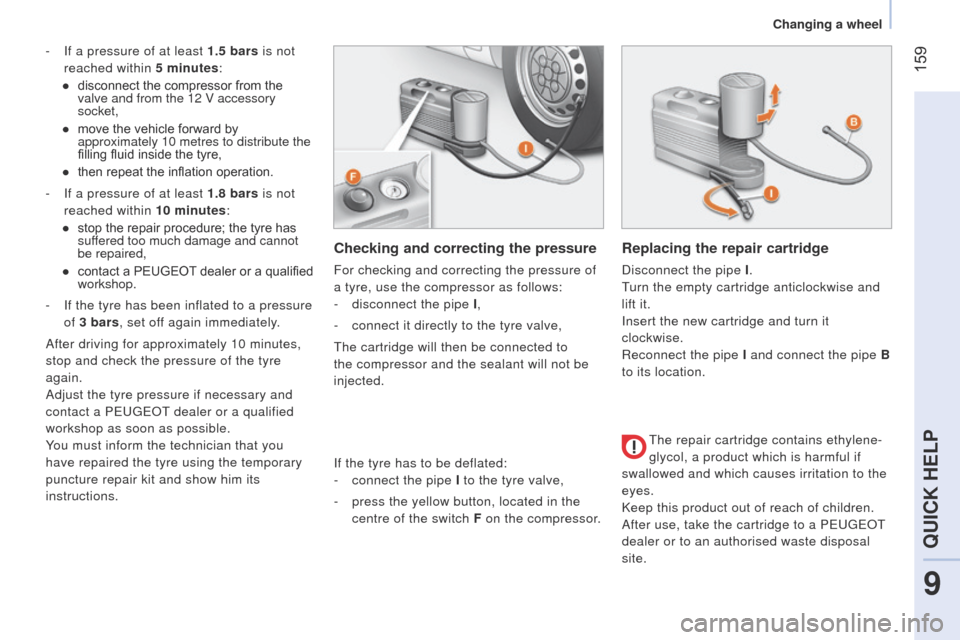 Peugeot Bipper 2015 Owners Manual 159
Bipper_en_Chap09_aide-rapide_ed02-2014
- If a pressure of at least 1.5 bars is not
reached within 5 minutes:
●
disconnect the compressor from the
valve and from the 12 V accessory
socket,
Peugeot Bipper 2015 Owners Manual 159
Bipper_en_Chap09_aide-rapide_ed02-2014
- If a pressure of at least 1.5 bars is not
reached within 5 minutes:
●
disconnect the compressor from the
valve and from the 12 V accessory
socket,