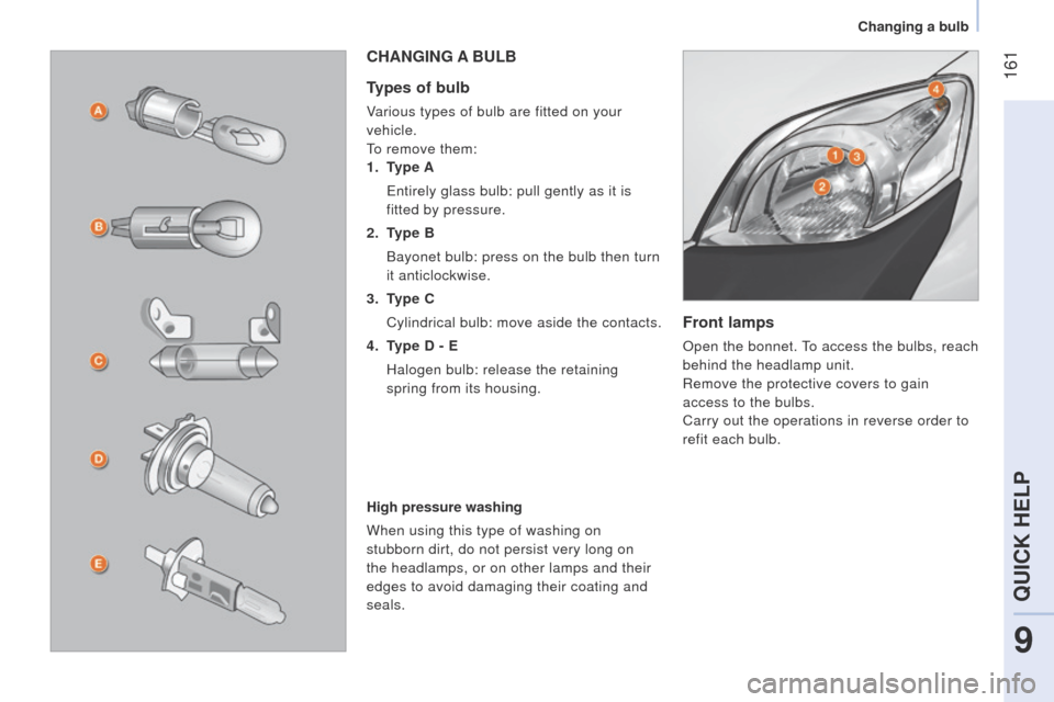 Peugeot Bipper 2015 User Guide 161
Bipper_en_Chap09_aide-rapide_ed02-2014
Front lamps
Open the bonnet. to access the bulbs, reach
behind the headlamp unit.
Remove the protective covers to gain
access to the bulbs.
Carry out the Peugeot Bipper 2015 User Guide 161
Bipper_en_Chap09_aide-rapide_ed02-2014
Front lamps
Open the bonnet. to access the bulbs, reach
behind the headlamp unit.
Remove the protective covers to gain
access to the bulbs.
Carry out the