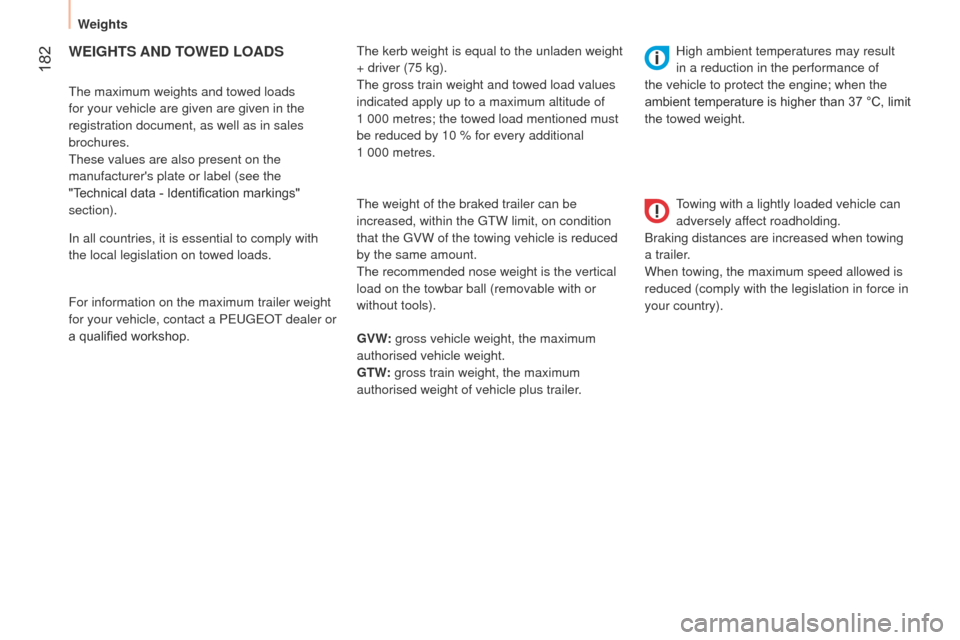 Peugeot Bipper 2015  Owners Manual  182
Bipper_en_Chap10_caracteristique_ed02-2014
WEIGHTS AND  TOWED   LOADS
the maximum weights and towed loads 
for your vehicle are given are given in the 
registration document, as well as in sales 