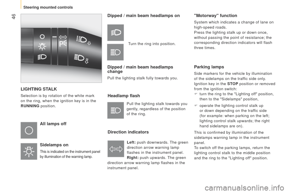 Peugeot Bipper 2015 User Guide 46
Bipper_en_Chap03_pret-a-partir_ed02-2014
LIGHTING STALK
Selection is by rotation of the white mark
on the ring, when the ignition key is in the
RUNNING position.
All lamps off
Sidelamps on
this Peugeot Bipper 2015 User Guide 46
Bipper_en_Chap03_pret-a-partir_ed02-2014
LIGHTING STALK
Selection is by rotation of the white mark
on the ring, when the ignition key is in the
RUNNING position.
All lamps off
Sidelamps on
this