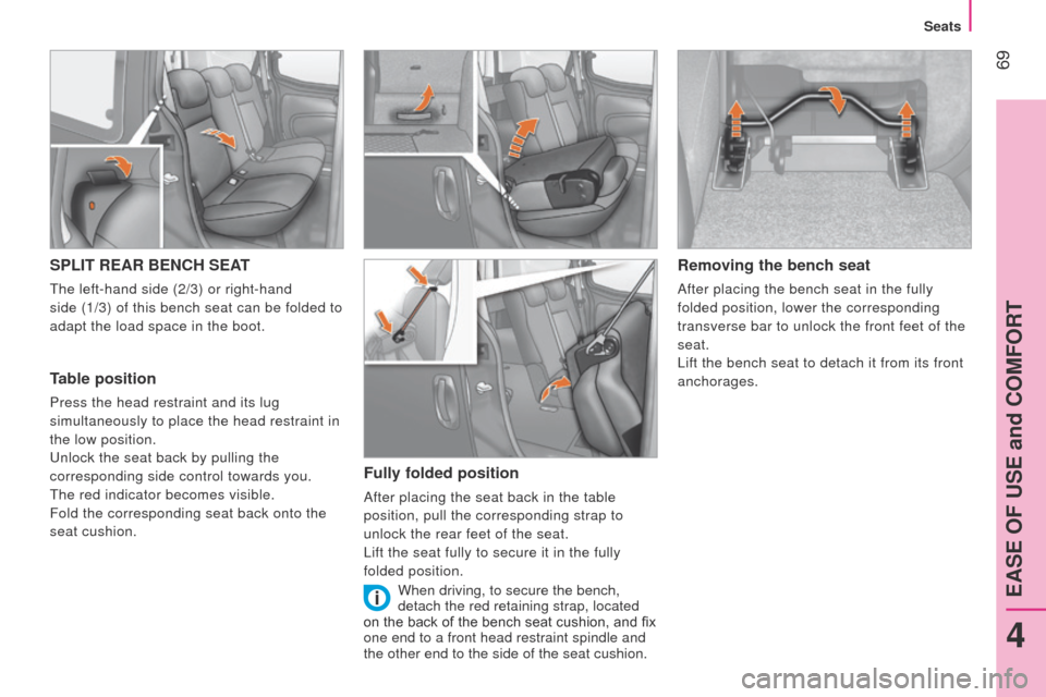 Peugeot Bipper 2015  Owners Manual  69
Bipper_en_Chap04_ergonomie_ed02-2014
SPLIT REAR BENCH SEAT
the left-hand side (2/3) or right-hand  
side (1/3) of this bench seat can be folded to  
adapt the load space in the boot.
Table positio