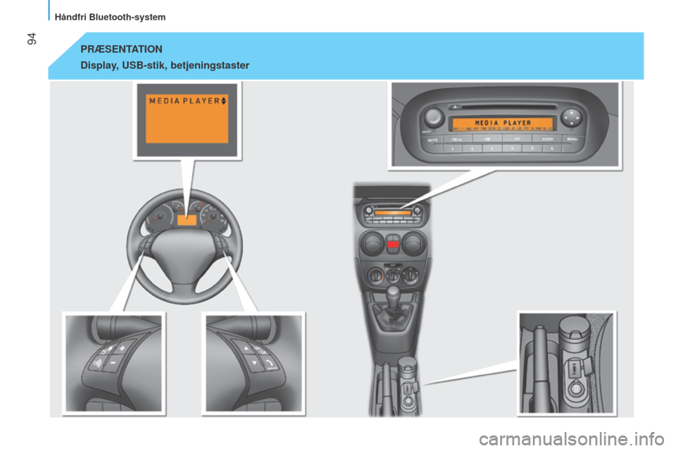 Peugeot Bipper 2015  Instruktionsbog (in Danish)  94
Bipper_da_Chap05_technologie_ed02-2014
PRÆSENTATION
Display
, USB-stik, betjeningstaster 
Håndfri Bluetooth-system  