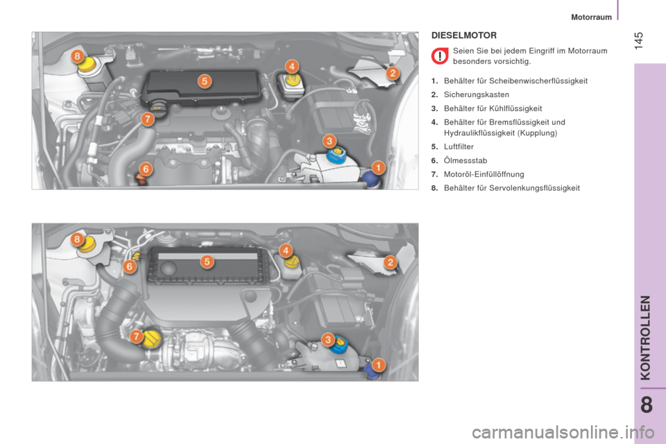 Peugeot Bipper 2015  Betriebsanleitung (in German)  145
Bipper_de_Chap08_verifications_ed02-2014
DIESELMOTOR
Seien Sie bei jedem Eingriff im Motorraum 
besonders vorsichtig.
1.
 
Behälter für Scheibenwischerflüssigkeit
2.

 
Sicherungskasten
3.
 
B