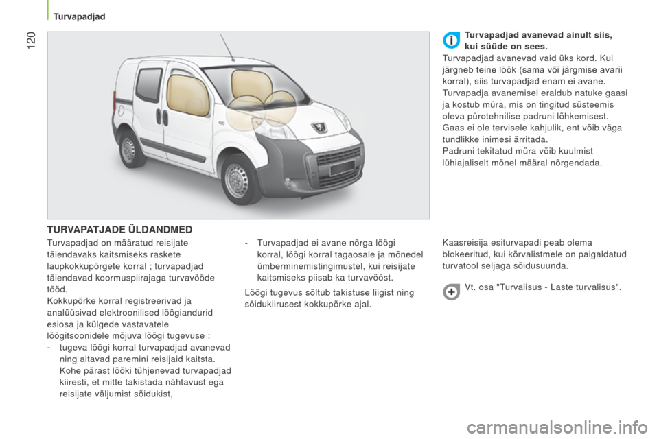 Peugeot Bipper 2015 Omaniku käsiraamat (in Estonian) 120
Bipper_et_Chap06_securite_ed02-2014
TURVAPATJADE ÜLDANDMED
Turvapadjad on määratud reisijate
täiendavaks kaitsmiseks raskete
laupkokkupõrgete korral ; turvapadjad
täiendavad koormuspiira Peugeot Bipper 2015 Omaniku käsiraamat (in Estonian) 120
Bipper_et_Chap06_securite_ed02-2014
TURVAPATJADE ÜLDANDMED
Turvapadjad on määratud reisijate
täiendavaks kaitsmiseks raskete
laupkokkupõrgete korral ; turvapadjad
täiendavad koormuspiira