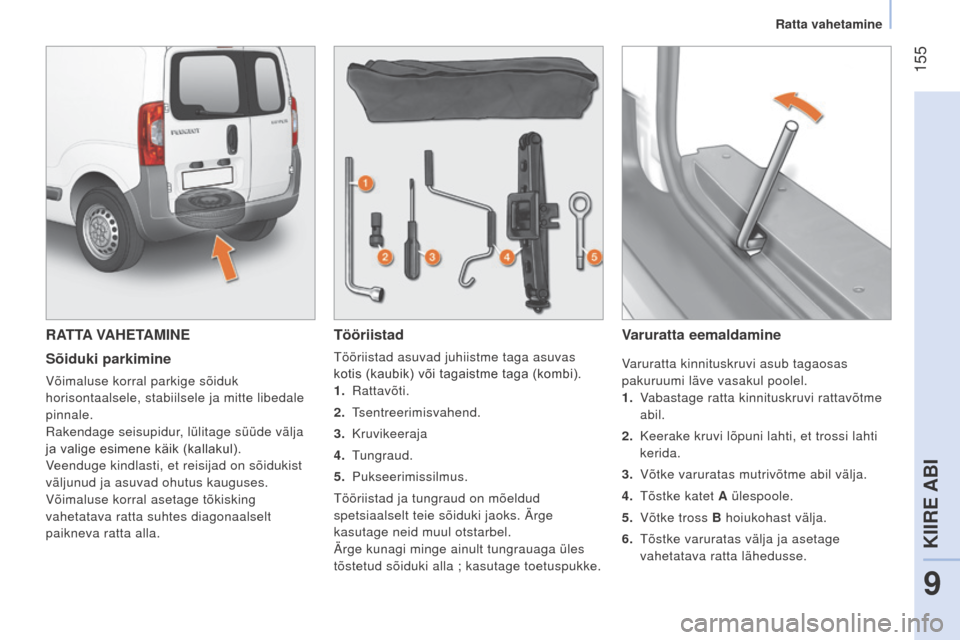 Peugeot Bipper 2015  Omaniku käsiraamat (in Estonian)  155
Bipper_et_Chap09_aide-rapide_ed02-2014
RATTA VAHETAMINE
Sõiduki parkimine
Võimaluse korral parkige sõiduk 
horisontaalsele, stabiilsele ja mitte libedale 
pinnale.
r
akendage seisupidur, lüli