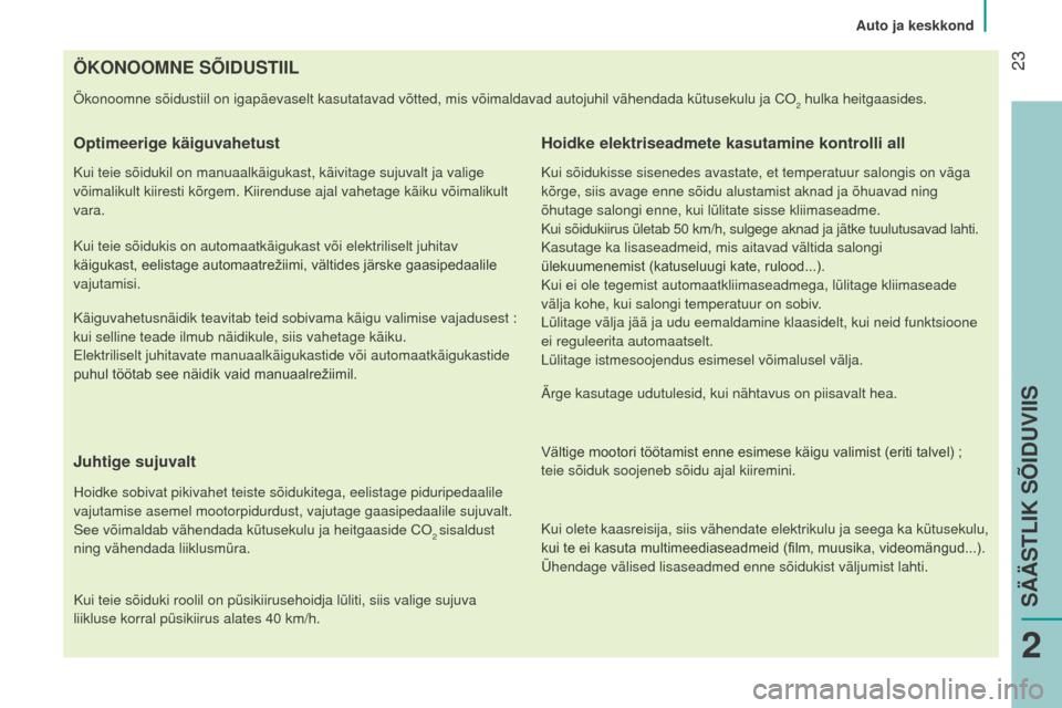 Peugeot Bipper 2015 Omaniku käsiraamat (in Estonian) 23
Bipper_et_Chap02_eco-conduite_ed02-2014
ÖKONOOMNE SÕIDUSTIIL
Ökonoomne sõidustiil on igapäevaselt kasutatavad võtted, mis\
võimaldavad autojuhil vähendada kütusekulu ja CO2 hulka heitgaa Peugeot Bipper 2015 Omaniku käsiraamat (in Estonian) 23
Bipper_et_Chap02_eco-conduite_ed02-2014
ÖKONOOMNE SÕIDUSTIIL
Ökonoomne sõidustiil on igapäevaselt kasutatavad võtted, mis\
võimaldavad autojuhil vähendada kütusekulu ja CO2 hulka heitgaa