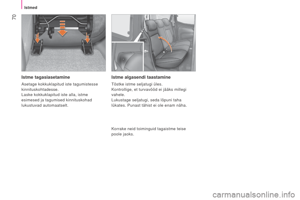 Peugeot Bipper 2015  Omaniku käsiraamat (in Estonian)  70
Bipper_et_Chap04_ergonomie_ed02-2014
Istme tagasiasetamine
asetage kokkuklapitud iste tagumistesse 
kinnituskohtadesse.
Laske kokkuklapitud iste alla, istme
 
esimesed ja tagumised kinnituskohad 
