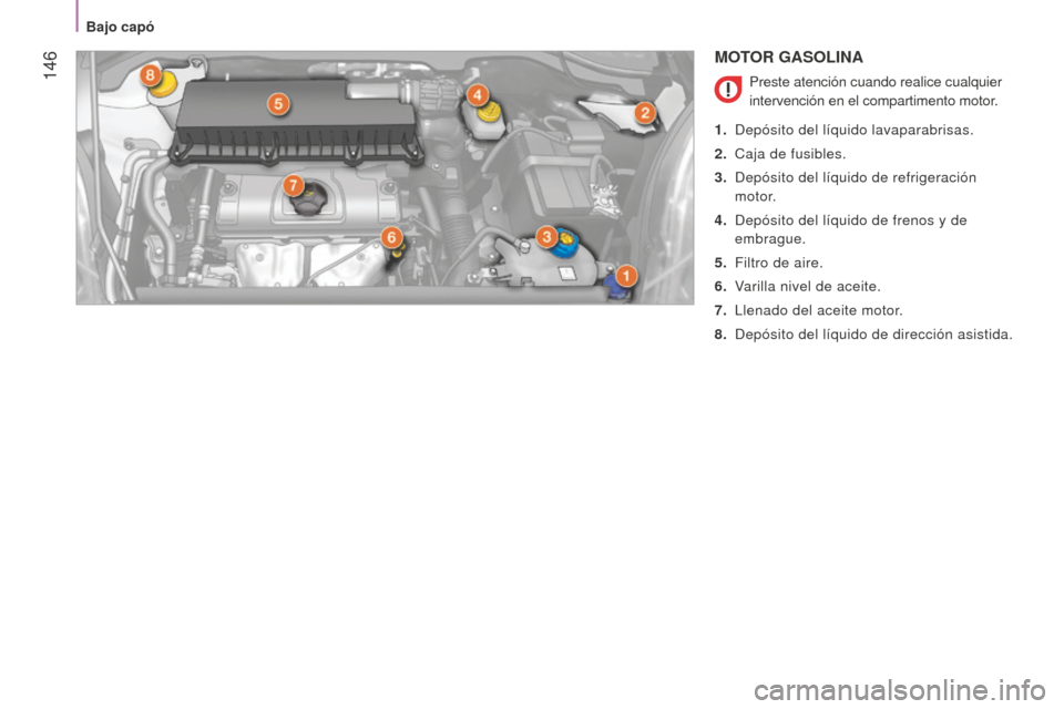 Peugeot Bipper 2015 Manual del propietario (in Spanish) 146
Bipper_es_Chap08_verifications_ed02-2014
MOTOR GASOLINA
Preste atención cuando realice cualquier
intervención en el compartimento motor.
1.
d
epósito del líquido lavaparabrisas.
2.
Caja Peugeot Bipper 2015 Manual del propietario (in Spanish) 146
Bipper_es_Chap08_verifications_ed02-2014
MOTOR GASOLINA
Preste atención cuando realice cualquier
intervención en el compartimento motor.
1.
d
epósito del líquido lavaparabrisas.
2.
Caja
