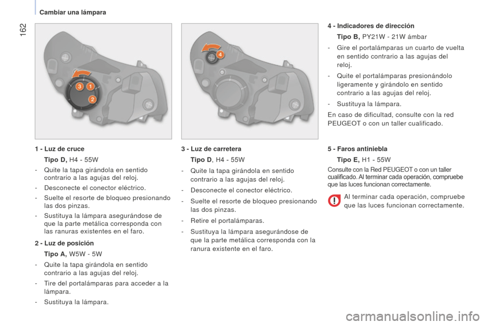 Peugeot Bipper 2015 Manual del propietario (in Spanish) 162
Bipper_es_Chap09_aide-rapide_ed02-2014
1 - Luz de cruce
T
ipo D,
H4 - 55W
-
Quite la tapa girándola en sentido
contrario a las agujas del reloj.
-
d esconecte el conector eléctri Peugeot Bipper 2015 Manual del propietario (in Spanish) 162
Bipper_es_Chap09_aide-rapide_ed02-2014
1 - Luz de cruce
T
ipo D,
H4 - 55W
-
Quite la tapa girándola en sentido
contrario a las agujas del reloj.
-
d esconecte el conector eléctri