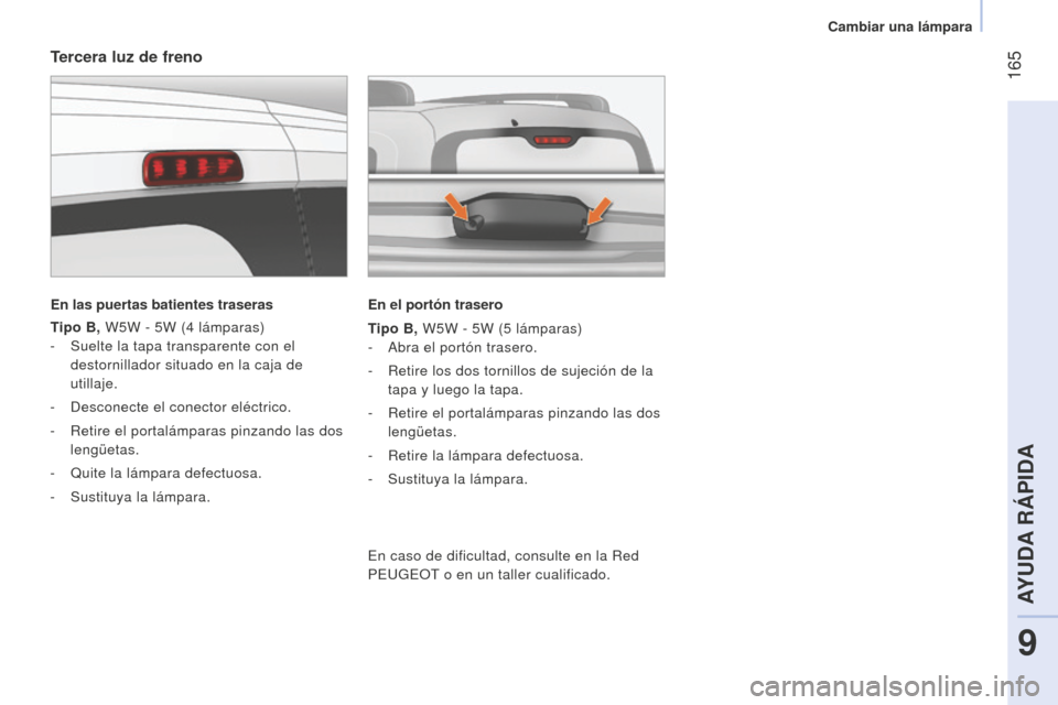 Peugeot Bipper 2015 Manual del propietario (in Spanish) 165
Bipper_es_Chap09_aide-rapide_ed02-2014
Tercera luz de freno
En las puertas batientes traseras
Tipo B, W5W - 5W (4
lámparas)
-
Suelte la tapa transparente con el
destornillador situado en Peugeot Bipper 2015 Manual del propietario (in Spanish) 165
Bipper_es_Chap09_aide-rapide_ed02-2014
Tercera luz de freno
En las puertas batientes traseras
Tipo B, W5W - 5W (4
lámparas)
-
Suelte la tapa transparente con el
destornillador situado en