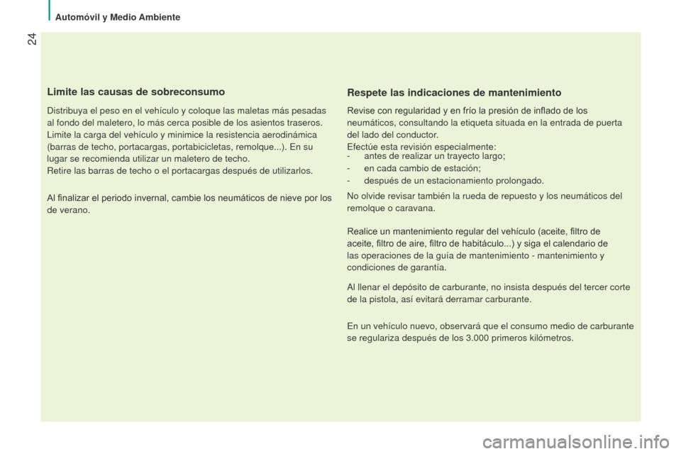 Peugeot Bipper 2015 Manual del propietario (in Spanish) 24
Bipper_es_Chap02_eco-conduite_ed02-2014
Limite las causas de sobreconsumo
distribuya el peso en el vehículo y coloque las maletas más pesadas\
al fondo del maletero, lo más cerca posible de l Peugeot Bipper 2015 Manual del propietario (in Spanish) 24
Bipper_es_Chap02_eco-conduite_ed02-2014
Limite las causas de sobreconsumo
distribuya el peso en el vehículo y coloque las maletas más pesadas\
al fondo del maletero, lo más cerca posible de l
