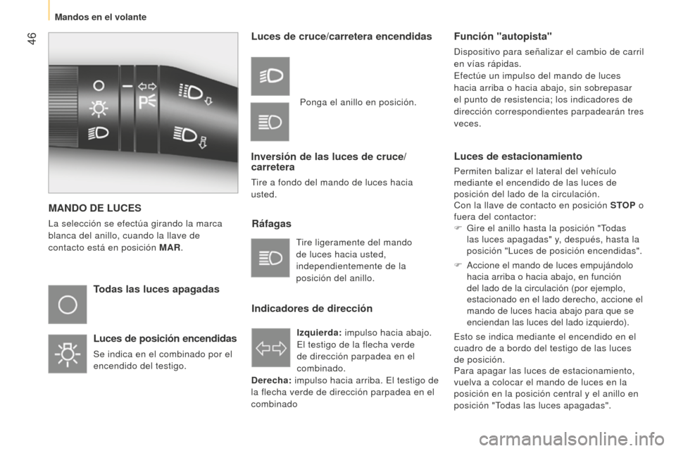 Peugeot Bipper 2015 Manual del propietario (in Spanish) 46
Bipper_es_Chap03_pret-a-partir_ed02-2014
MANDO DE LUCES
La selección se efectúa girando la marca
blanca del anillo, cuando la llave de
contacto está en posición MAR.
Todas las luces apagadas Peugeot Bipper 2015 Manual del propietario (in Spanish) 46
Bipper_es_Chap03_pret-a-partir_ed02-2014
MANDO DE LUCES
La selección se efectúa girando la marca
blanca del anillo, cuando la llave de
contacto está en posición MAR.
Todas las luces apagadas