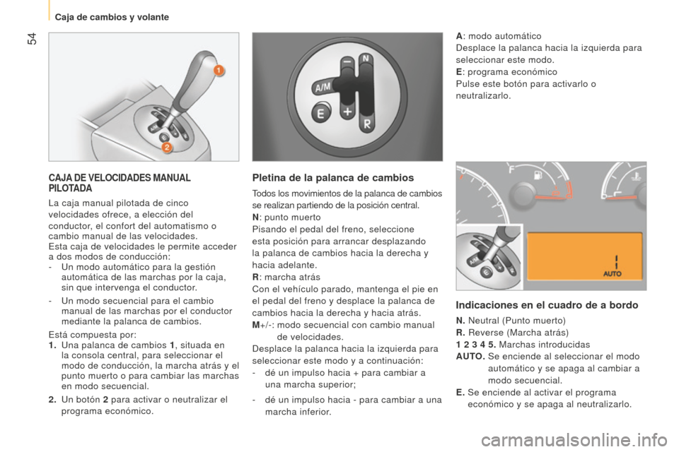 Peugeot Bipper 2015 Manual del propietario (in Spanish) 54
Bipper_es_Chap03_pret-a-partir_ed02-2014
CAJA DE VELOCIDADES MANUAL
PILOTADA
La caja manual pilotada de cinco
velocidades ofrece, a elección del
conductor, el confort del automatismo o
camb Peugeot Bipper 2015 Manual del propietario (in Spanish) 54
Bipper_es_Chap03_pret-a-partir_ed02-2014
CAJA DE VELOCIDADES MANUAL
PILOTADA
La caja manual pilotada de cinco
velocidades ofrece, a elección del
conductor, el confort del automatismo o
camb
