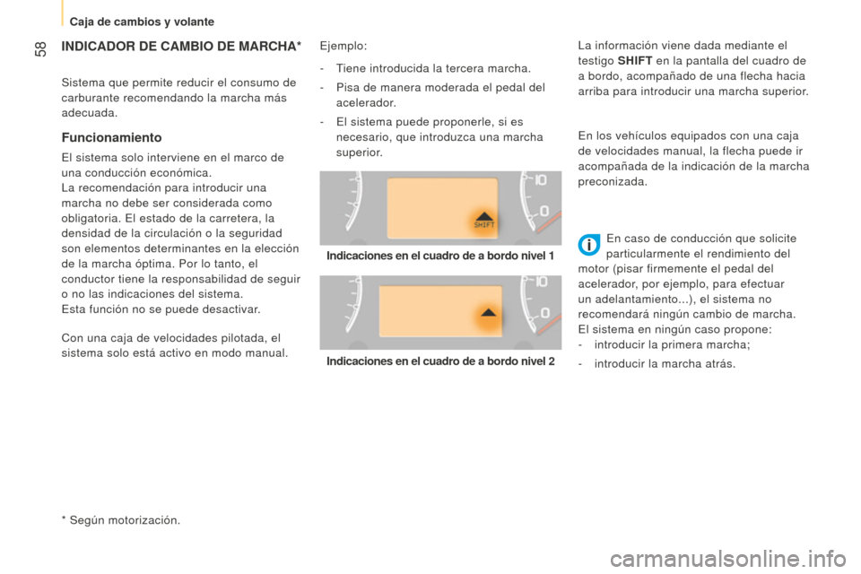 Peugeot Bipper 2015 Manual del propietario (in Spanish) 58
Bipper_es_Chap03_pret-a-partir_ed02-2014
INDICADOR DE CAMBIO DE MARCHA*
* Según motorización.
Funcionamiento
El sistema solo interviene en el marco de
una conducción económica.
La recomendaci Peugeot Bipper 2015 Manual del propietario (in Spanish) 58
Bipper_es_Chap03_pret-a-partir_ed02-2014
INDICADOR DE CAMBIO DE MARCHA*
* Según motorización.
Funcionamiento
El sistema solo interviene en el marco de
una conducción económica.
La recomendaci