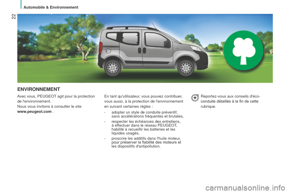 Peugeot Bipper 2015 Manuel du propriétaire (in French) 22
ENVIRONNEMENT
Avec vous, PeuGeOT agit pour la protection
de lenvironnement.
n
ous vous invitons à consulter le site
www.peugeot.com .e n tant quutilisateur, vous pouvez contribuer,
vous au Peugeot Bipper 2015 Manuel du propriétaire (in French) 22
ENVIRONNEMENT
Avec vous, PeuGeOT agit pour la protection
de lenvironnement.
n
ous vous invitons à consulter le site
www.peugeot.com .e n tant quutilisateur, vous pouvez contribuer,
vous au