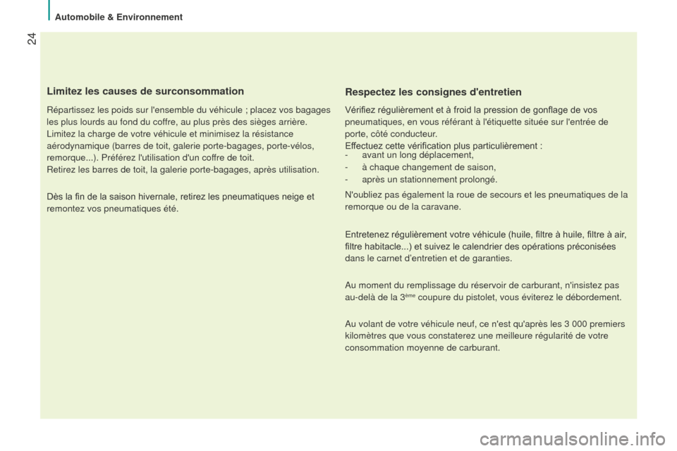 Peugeot Bipper 2015 Manuel du propriétaire (in French) 24
Limitez les causes de surconsommation
Répartissez les poids sur lensemble du véhicule ; placez vos baga\
ges
les plus lourds au fond du coffre, au plus près des sièges arrière.
Limitez la c Peugeot Bipper 2015 Manuel du propriétaire (in French) 24
Limitez les causes de surconsommation
Répartissez les poids sur lensemble du véhicule ; placez vos baga\
ges
les plus lourds au fond du coffre, au plus près des sièges arrière.
Limitez la c