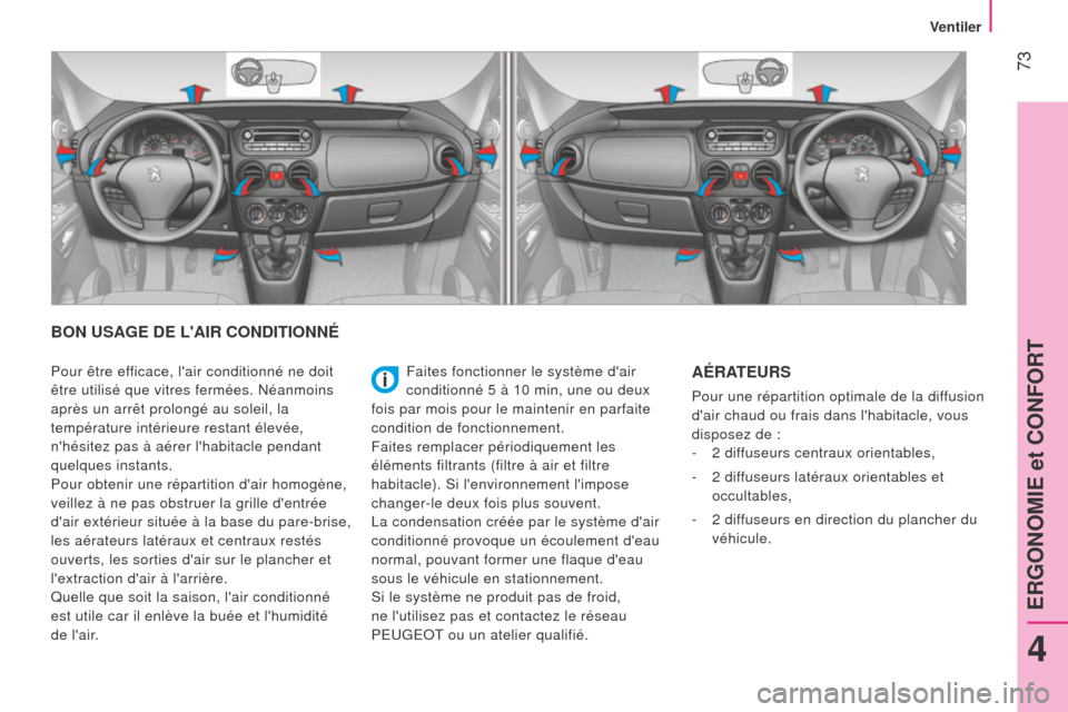 Peugeot Bipper 2015 Manuel du propriétaire (in French) 73
BON USAGE DE LAIR CONDITIONNÉ
Faites fonctionner le système dair
conditionné 5 à 10 min, une ou deux
fois par mois pour le maintenir en parfaite
condition de fonctionnement.
Faites rempla Peugeot Bipper 2015 Manuel du propriétaire (in French) 73
BON USAGE DE LAIR CONDITIONNÉ
Faites fonctionner le système dair
conditionné 5 à 10 min, une ou deux
fois par mois pour le maintenir en parfaite
condition de fonctionnement.
Faites rempla