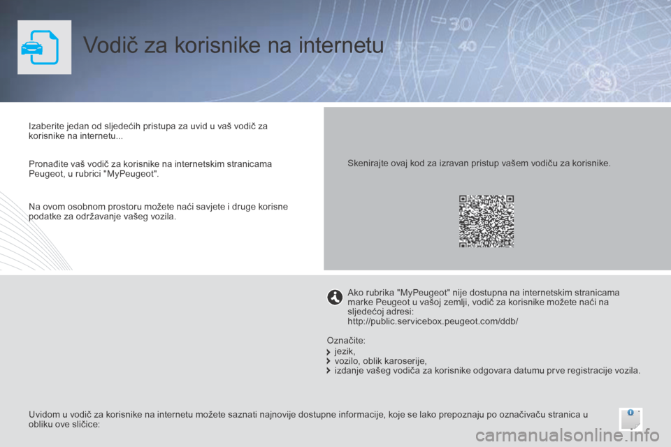 Peugeot Bipper 2015  Vodič za korisnike (in Croatian) Vodič za korisnike na internetu
Izaberite jedan od sljedećih pristupa za uvid u vaš vodič za 
korisnike na internetu...
Uvidom u vodič za korisnike na internetu možete saznati najnovije dostupne