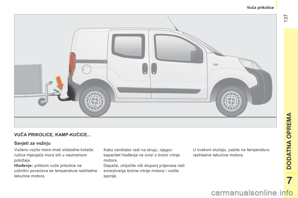 Peugeot Bipper 2015 Vodič za korisnike (in Croatian) 137
Bipper_hr_Chap07_accessoire_ed02-2014
VUČA PRIKOLICE, KAMP-KUĆICE...
Savjeti za vožnju
Kako ventilator radi na struju, njegov
kapacitet hlađenja ne ovisi o brzini vrtnje
motora.
Dapače, uk Peugeot Bipper 2015 Vodič za korisnike (in Croatian) 137
Bipper_hr_Chap07_accessoire_ed02-2014
VUČA PRIKOLICE, KAMP-KUĆICE...
Savjeti za vožnju
Kako ventilator radi na struju, njegov
kapacitet hlađenja ne ovisi o brzini vrtnje
motora.
Dapače, uk