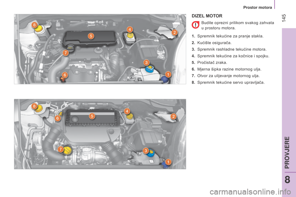 Peugeot Bipper 2015 Vodič za korisnike (in Croatian) 145
Bipper_hr_Chap08_verifications_ed02-2014
DIZEL MOTOR
Budite oprezni prilikom svakog zahvata
u prostoru motora.
1.
Spremnik tekućine za pranje stakla.
2.
Kućište osigurača.
3.
Spremni Peugeot Bipper 2015 Vodič za korisnike (in Croatian) 145
Bipper_hr_Chap08_verifications_ed02-2014
DIZEL MOTOR
Budite oprezni prilikom svakog zahvata
u prostoru motora.
1.
Spremnik tekućine za pranje stakla.
2.
Kućište osigurača.
3.
Spremni