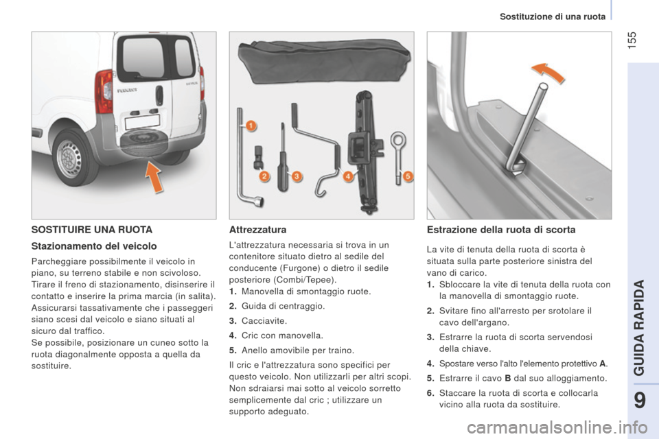 Peugeot Bipper 2015 Manuale del proprietario (in Italian) 155
Bipper_it_Chap09_aide-rapide_ed02-2014
SOSTITUIRE UNA RUOTA
Stazionamento del veicolo
Parcheggiare possibilmente il veicolo in
piano, su terreno stabile e non scivoloso.
tirare il freno di stazi Peugeot Bipper 2015 Manuale del proprietario (in Italian) 155
Bipper_it_Chap09_aide-rapide_ed02-2014
SOSTITUIRE UNA RUOTA
Stazionamento del veicolo
Parcheggiare possibilmente il veicolo in
piano, su terreno stabile e non scivoloso.
tirare il freno di stazi
