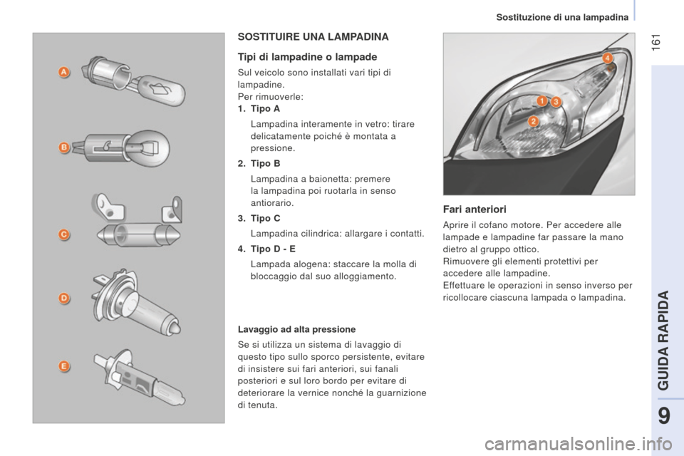 Peugeot Bipper 2015 Manuale del proprietario (in Italian) 161
Bipper_it_Chap09_aide-rapide_ed02-2014
Fari anteriori
Aprire il cofano motore. Per accedere alle
lampade e lampadine far passare la mano
dietro al gruppo ottico.
Rimuovere gli elementi protetti Peugeot Bipper 2015 Manuale del proprietario (in Italian) 161
Bipper_it_Chap09_aide-rapide_ed02-2014
Fari anteriori
Aprire il cofano motore. Per accedere alle
lampade e lampadine far passare la mano
dietro al gruppo ottico.
Rimuovere gli elementi protetti