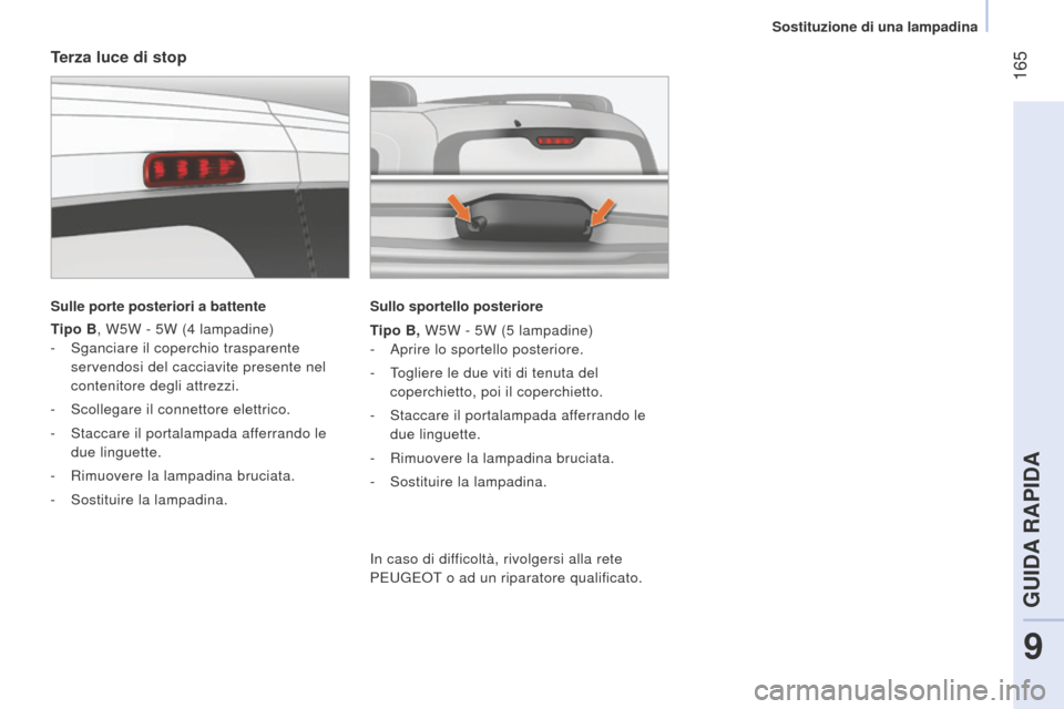Peugeot Bipper 2015 Manuale del proprietario (in Italian) 165
Bipper_it_Chap09_aide-rapide_ed02-2014
Terza luce di stop
Sulle porte posteriori a battente
Tipo B, W5W - 5W (4 lampadine)
-
Sganciare il coperchio trasparente
servendosi del cacciavite pre Peugeot Bipper 2015 Manuale del proprietario (in Italian) 165
Bipper_it_Chap09_aide-rapide_ed02-2014
Terza luce di stop
Sulle porte posteriori a battente
Tipo B, W5W - 5W (4 lampadine)
-
Sganciare il coperchio trasparente
servendosi del cacciavite pre