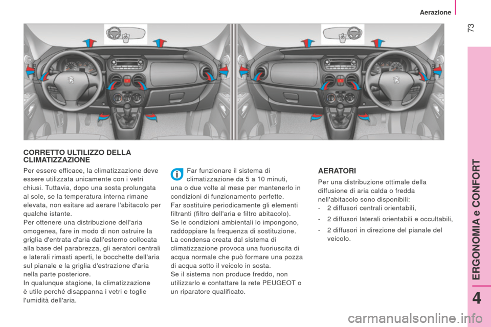 Peugeot Bipper 2015 Manuale del proprietario (in Italian) 73
Bipper_it_Chap04_ergonomie_ed02-2014
CORRETTO ULTILIZZO DELLA
CLIMATIZZAZIONE
Far funzionare il sistema di
climatizzazione da 5 a 10 minuti,
una o due volte al mese per mantenerlo in
condiz Peugeot Bipper 2015 Manuale del proprietario (in Italian) 73
Bipper_it_Chap04_ergonomie_ed02-2014
CORRETTO ULTILIZZO DELLA
CLIMATIZZAZIONE
Far funzionare il sistema di
climatizzazione da 5 a 10 minuti,
una o due volte al mese per mantenerlo in
condiz
