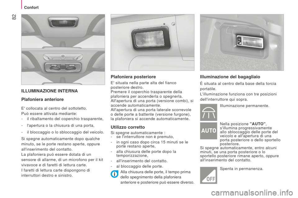 Peugeot Bipper 2015 Manuale del proprietario (in Italian) 82
Bipper_it_Chap04_ergonomie_ed02-2014
ILLUMINAZIONE INTERNA
Plafoniera anteriore
e collocata al centro del sottotetto.
Può essere attivata mediante:
-
il ribaltamento del coperchio trasparente, Peugeot Bipper 2015 Manuale del proprietario (in Italian) 82
Bipper_it_Chap04_ergonomie_ed02-2014
ILLUMINAZIONE INTERNA
Plafoniera anteriore
e collocata al centro del sottotetto.
Può essere attivata mediante:
-
il ribaltamento del coperchio trasparente,