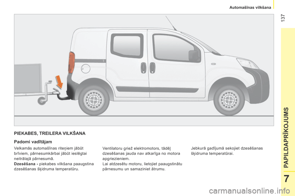 Peugeot Bipper 2015 Īpašnieka rokasgrāmata (in Latvian) 137
Bipper_lv_Chap07_accessoire_ed02-2014
PIEKABES, TREILERA VILKŠANA
Padomi vadītājam
Ventilatoru griež elektromotors, tādēļ
dzesēšanas jauda nav atkarīga no motora
apgriezieniem.
Lai at Peugeot Bipper 2015 Īpašnieka rokasgrāmata (in Latvian) 137
Bipper_lv_Chap07_accessoire_ed02-2014
PIEKABES, TREILERA VILKŠANA
Padomi vadītājam
Ventilatoru griež elektromotors, tādēļ
dzesēšanas jauda nav atkarīga no motora
apgriezieniem.
Lai at