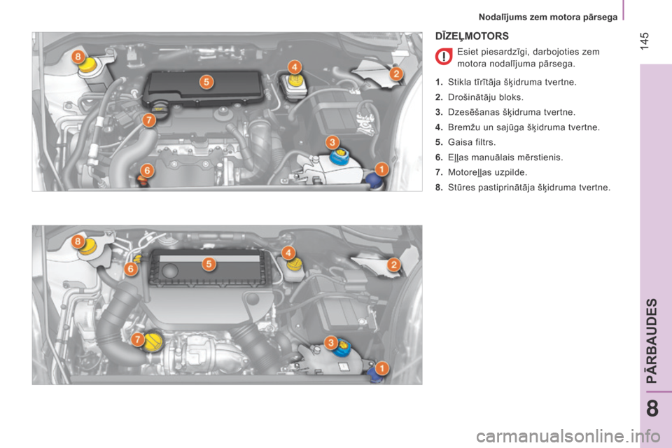 Peugeot Bipper 2015 Īpašnieka rokasgrāmata (in Latvian) 145
Bipper_lv_Chap08_verifications_ed02-2014
DĪZEĻMOTORS
Esiet piesardzīgi, darbojoties zem
motora nodalījuma pārsega.
1.
Stikla tīrītāja šķidruma tvertne.
2.
d
rošinātāju bloks.
3 Peugeot Bipper 2015 Īpašnieka rokasgrāmata (in Latvian) 145
Bipper_lv_Chap08_verifications_ed02-2014
DĪZEĻMOTORS
Esiet piesardzīgi, darbojoties zem
motora nodalījuma pārsega.
1.
Stikla tīrītāja šķidruma tvertne.
2.
d
rošinātāju bloks.
3